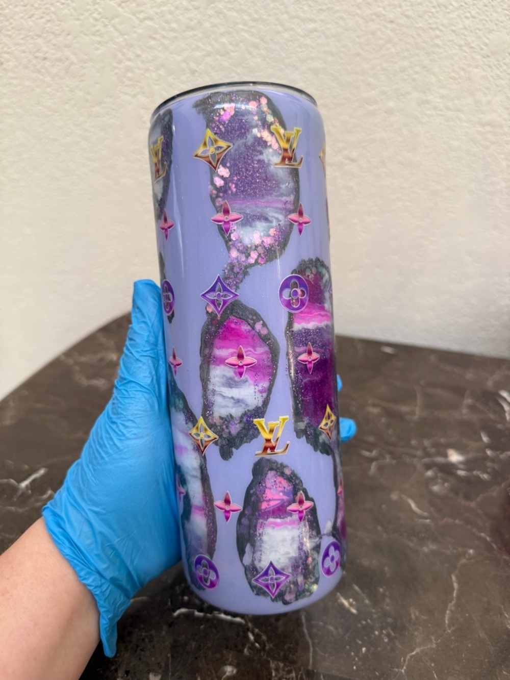 Glitter Gemstone LV Louis 20 oz Purple Skinny Tumbler Cup